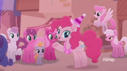 Size: 1366x768 | Tagged: safe, screencap, pinkie pie, rarity, thistle rain, earth pony, pegasus, pony, unicorn, rainbow roadtrip, background pony, crowd, discovery family logo, dot cutie mark, female, filly, flying, hat, lei, male, mare, party hat, pink, pink pony, stallion, unnamed pony