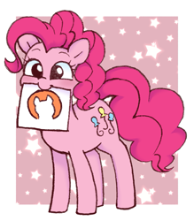 Size: 1049x1200 | Tagged: safe, artist:ch-chau, pinkie pie, earth pony, pony, abstract background, blushing, curious cat, cute, diapinkes, drawing, female, happy, mare, mouth hold, paper, solo, stars