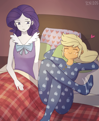 Size: 1066x1300 | Tagged: safe, artist:tcn1205, applejack, rarity, human, equestria girls, bed, clothes, cute, eyes closed, female, footed sleeper, humanized, jackabetes, kicking, lesbian, pajamas, pony coloring, raribetes, rarijack, shipping, smiling