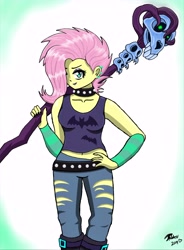 Size: 6321x8600 | Tagged: safe, artist:brekrofmadness, fluttershy, better together, choose your own ending, equestria girls, the road less scheduled, the road less scheduled: fluttershy, absurd resolution, belly button, clothes, crystal skull staff, ear piercing, earring, female, flutterpunk, jewelry, midriff, piercing, solo, staff, tanktop