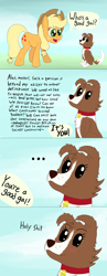 Size: 1488x3850 | Tagged: safe, artist:zaponator, applejack, winona, dog, earth pony, pony, ..., applejack's hat, blushing, collar, comic, contemplating, cowboy hat, dialogue, female, freckles, good girl, hat, internal monologue, mare, master, meme, overthinking it, smiling, vulgar, winonabetes