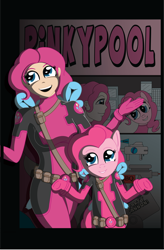 Size: 1024x1559 | Tagged: safe, artist:drasticaction, pinkie pie, earth pony, human, pony, deadpool, human ponidox, humanized, party cannon, pinkiepool, self ponidox, shrug, superhero