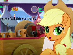 Size: 1024x768 | Tagged: safe, edit, edited screencap, screencap, applejack, earth pony, pony, my little pony: the movie, apple cider, applejack's hat, balloon, bronybait, cowboy hat, cropped, cute, dialogue, hat, jackabetes, wagon