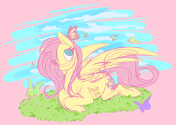 Size: 1136x804 | Tagged: safe, artist:sakuraglimertamura, fluttershy, butterfly, pegasus, pony, cute, female, looking at something, looking up, mare, outdoors, partial background, prone, shyabetes, sky, solo, spread wings, three quarter view, wings