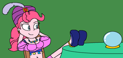 Size: 1166x551 | Tagged: safe, artist:logan jones, pinkie pie, equestria girls, it's about time, anklet, clothes, crystal ball, ear piercing, earring, equestria girls interpretation, feet on table, flats, gypsy pie, jewelry, madame pinkie, necklace, piercing, scene interpretation, shoes, turban