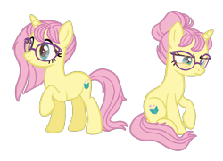 Size: 1380x999 | Tagged: safe, artist:flipwix, fluttershy, pony, unicorn, alternate cutie mark, alternate hairstyle, alternate universe, bun, female, frown, glasses, hair bun, mare, race swap, raised hoof, role reversal, simple background, sitting, smiling, transparent background, unicorn fluttershy