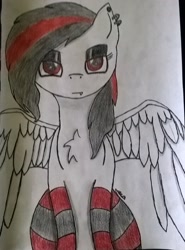 Size: 1627x2202 | Tagged: safe, artist:mlp-vampire-lover, oc, oc only, pegasus, pony, undead, vampire, vampony, chest fluff, clothes, drawing, ear piercing, earring, fangs, female, highlights, jewelry, lidded eyes, looking at you, mare, piercing, simple background, socks, solo, spread wings, striped socks, traditional art, white background, wings