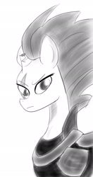 Size: 1142x2169 | Tagged: safe, artist:lobonox1313, tempest shadow, pony, unicorn, my little pony: the movie, armor, broken horn, bust, eye scar, female, grayscale, mare, monochrome, scar, simple background, sketch, white background