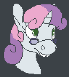 Size: 381x423 | Tagged: safe, artist:tempusfidgets, sweetie belle, bucktooth, bust, colored pupils, gap teeth, glasses, pixel art, so sweetie belle, solo, tiny nerd horse