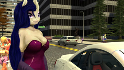 Size: 1280x720 | Tagged: safe, artist:zsnowfilez, applejack, rarity, oc, oc:belladonna nightshade, anthro, equestria girls, 3d, car, lola bunny, strapless