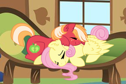 Size: 1151x771 | Tagged: safe, artist:rainbowfantasia, big macintosh, fluttershy, earth pony, pegasus, pony, alternate hairstyle, ear fluff, eyes closed, female, fluttermac, fluttershy's cottage, freckles, male, mare, missing accessory, pony pile, shipping, sleeping, sofa, stallion, straight, tail bun