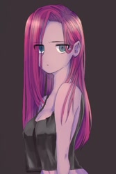 Size: 600x900 | Tagged: safe, artist:770nanao15, pinkie pie, equestria girls, anime, black background, clothes, eye clipping through hair, female, looking at you, midriff, pinkamena diane pie, shirt, simple background, sleeveless, solo, tanktop