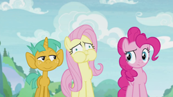 Size: 1280x720 | Tagged: safe, screencap, fluttershy, pinkie pie, snails, earth pony, pegasus, pony, unicorn, 2 4 6 greaaat, colt, cute, diasnails, female, foal, imminent vomiting, male, mare, puffy cheeks, sideways glance, trio