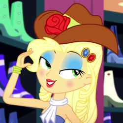 Size: 780x780 | Tagged: safe, screencap, applejack, eqg summertime shorts, equestria girls, make up shake up, applejewel, bare shoulders, cropped, eyeshadow, fall formal outfits, female, lidded eyes, lipstick, makeup, sleeveless, smiling, solo, strapless, when she smiles