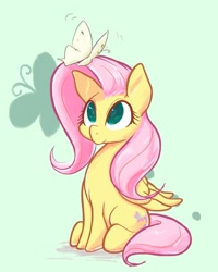 Size: 1636x2048 | Tagged: safe, artist:noupu, fluttershy, butterfly, pegasus, pony, cute, female, folded wings, green background, green eyes, looking at something, looking up, mare, no pupils, shyabetes, simple background, sitting, solo, three quarter view, wings