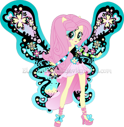 Size: 2930x3000 | Tagged: safe, artist:crimsumic, fluttershy, equestria girls, butterfly wings, clothes, cutie mark eyes, dress, makeup, obtrusive watermark, shoes, shy, simple background, smiling, solo, transparent background, watermark, wingding eyes, wings