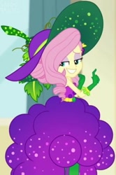 Size: 392x589 | Tagged: safe, screencap, fluttershy, better together, equestria girls, holidays unwrapped, bare shoulders, belt, clothes, cornucopia costumes, costume, cropped, cute, dress, food, geode of fauna, gloves, grapes, grin, hat, huggable, leaf, leggings, lidded eyes, magical geodes, o come all ye squashful, sleeveless, smiling, vine