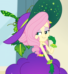 Size: 608x655 | Tagged: safe, screencap, fluttershy, better together, equestria girls, holidays unwrapped, bare shoulders, belt, clothes, cornucopia costumes, costume, cropped, cute, dress, food, geode of fauna, gloves, grapes, hat, huggable, jewelry, leaf, lidded eyes, magical geodes, necklace, o come all ye squashful, sleeveless, smiling, vine