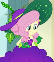 Size: 943x1080 | Tagged: safe, screencap, fluttershy, better together, equestria girls, holidays unwrapped, bare shoulders, belt, clothes, cornucopia costumes, costume, cropped, cute, dress, food, geode of fauna, gloves, grapes, hat, huggable, jewelry, leaf, looking down, magical geodes, necklace, o come all ye squashful, shyabetes, sleeveless, smiling, solo, vine