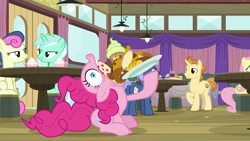 Size: 1920x1080 | Tagged: safe, screencap, bon bon, fluttershy, golden crust, lyra heartstrings, midnight snack (character), pinkie pie, sweetie drops, earth pony, pegasus, pony, a trivial pursuit, female, friendship student, male, stuffing