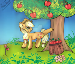 Size: 1280x1097 | Tagged: safe, artist:artyanas-workshop, applejack, earth pony, pony, apple, apple tree, flower, food, redraw, solo, tree