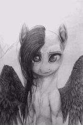 Size: 2442x3648 | Tagged: safe, artist:thatdreamerarts, fluttershy, pegasus, pony, bust, female, full face view, grayscale, looking at you, mare, monochrome, portrait, solo, spread wings, stray strand, traditional art, wings