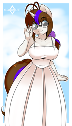 Size: 900x1575 | Tagged: safe, artist:kloudmutt, oc, oc only, oc:crystal lens, anthro, unicorn, adjusting glasses, anthro oc, big breasts, bow, breasts, clothes, cute, dress, female, glasses, looking at you, mare, simple background, smiling