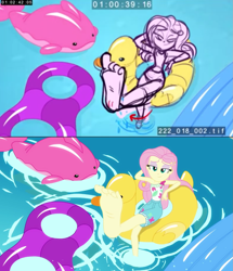 Size: 1193x1385 | Tagged: safe, edit, fluttershy, human, better together, equestria girls, i'm on a yacht, animatic, barefoot, comparison, feet, flutterfeet, legs, storyboard, swimming pool, wiggling toes