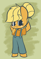 Size: 1043x1472 | Tagged: safe, artist:typhwosion, applejack, earth pony, pony, semi-anthro, alternate hairstyle, ambiguous facial structure, clothes, cute, dungarees, hair bun, jackabetes, solo, straw in mouth