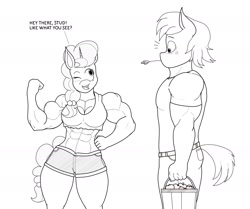 Size: 2014x1681 | Tagged: safe, artist:matchstickman, big macintosh, sugar belle, anthro, earth pony, unicorn, abs, apple, biceps, breasts, bucket, busty sugar belle, clothes, deltoids, duo, female, flexing, food, male, mare, midriff, monochrome, muscles, one eye closed, shipping, shirt, shocked, short jeans, simple background, stallion, straight, straw in mouth, sugar barbell, sugarmac, white background, wink