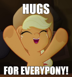 Size: 600x641 | Tagged: safe, edit, edited screencap, screencap, applejack, earth pony, pony, my little pony: the movie, adorable face, bronybait, caption, cowboy hat, cowgirl, cropped, cute, eyes closed, female, freckles, free hugs, happlejack, happy, hat, hooves up, image macro, jackabetes, mare, smiley face, smiling, solo, text