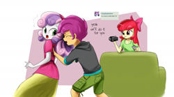 Size: 1979x1100 | Tagged: safe, artist:twilite-sparkleplz, apple bloom, scootaloo, sweetie belle, equestria girls, camcorder, clothes, cutie mark crusaders, phone, skirt, smartphone, tickling