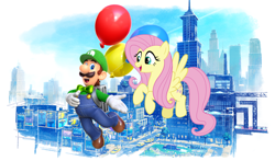 Size: 1588x934 | Tagged: safe, artist:slb94, artist:vg805smashbros, fluttershy, human, pegasus, pony, balloon, bowtie, city, crossover, flying, luigi, luigishy, new donk city, nintendo, super mario bros., super mario odyssey