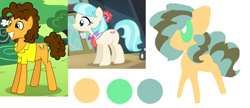 Size: 1266x545 | Tagged: safe, artist:angelstar000, cheese sandwich, coco pommel, oc, oc:bulletin board, earth pony, pony, cheesecoco, color palette, female, male, offspring, parent:cheese sandwich, parent:coco pommel, parents:cheesecoco, shipping, simple background, straight, white background