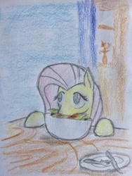 Size: 852x1136 | Tagged: safe, artist:kabayo, fluttershy, pegasus, pony, /mlp/, bomb ass tea, drawthread, eating, food, herbivore, salad, solo, traditional art