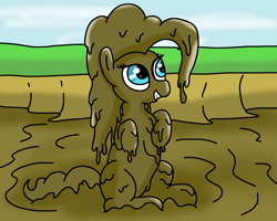 Size: 2000x1600 | Tagged: safe, artist:amateur-draw, pinkie pie, earth pony, pony, covered in mud, happy, hoof in air, messy, mud, mud bath, muddy, sitting, solo, wet and messy