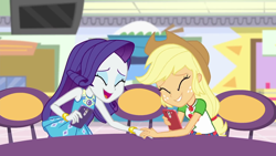 Size: 1920x1080 | Tagged: safe, screencap, applejack, rarity, better together, equestria girls, rollercoaster of friendship, canterlot mall, cellphone, cute, duo, female, laughing, phone, shipping fuel, smartphone