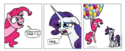 Size: 978x404 | Tagged: safe, artist:gingerfoxy, pinkie pie, rarity, earth pony, pony, unicorn, pony comic generator, balloon, buzzkill, comic, duo, female, mare, open mouth, simple background, speech bubble, tongue out, white background