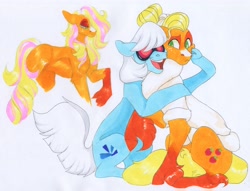 Size: 3091x2365 | Tagged: safe, artist:frozensoulpony, applejack, photo finish, earth pony, pony, hug, traditional art