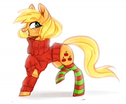 Size: 1600x1327 | Tagged: safe, artist:thomas ray, applejack, earth pony, pony, clothes, eyebrows visible through hair, female, freckles, heart eyes, mare, open mouth, orange coat, profile, raised hoof, raised hooves, simple background, smiling, socks, solo, striped socks, sweater, white background, wingding eyes