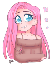 Size: 1024x1272 | Tagged: safe, artist:erkythehero23, fluttershy, butterfly, human, bust, clothes, colored pupils, cute, cutie mark, eye clipping through hair, female, humanized, off shoulder, shyabetes, simple background, solo, sweater, sweatershy, transparent background