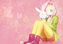 Size: 1280x905 | Tagged: safe, artist:mizoreame, angel bunny, fluttershy, butterfly, human, converse, cuddling, cute, female, humanized, one eye closed, shoes, shyabetes, sitting, solo, winged humanization, wings