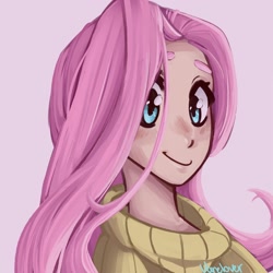 Size: 1280x1280 | Tagged: safe, artist:vanelover, fluttershy, human, bust, clothes, cute, female, humanized, looking at you, pink background, portrait, shyabetes, simple background, solo, sweater, sweatershy