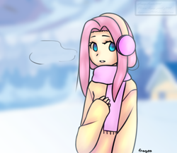 Size: 1150x1000 | Tagged: safe, artist:happysweet2008, fluttershy, human, blurry background, clothes, colored pupils, cute, earmuffs, female, humanized, scarf, shyabetes, snow, solo, sweater, sweatershy, visible breath, winter