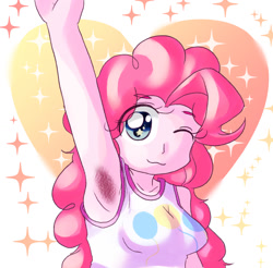 Size: 1178x1158 | Tagged: safe, artist:アルカリ土類金属, pinkie pie, human, equestria girls, :3, abstract background, armpit hair, armpits, breasts, clothes, female, heart, one eye closed, solo, wingding eyes, wink
