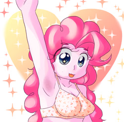 Size: 1178x1158 | Tagged: safe, artist:アルカリ土類金属, pinkie pie, human, equestria girls, abstract background, armpit hair, armpits, bra, breasts, cherry print underwear, cherry printed underwear, clothes, female, heart, heart print underwear, smiling, solo, underwear, wingding eyes, yellow underwear