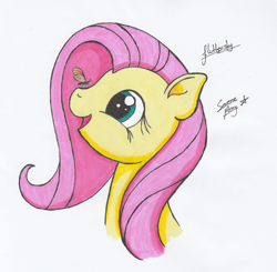 Size: 1873x1833 | Tagged: safe, artist:serenepony, fluttershy, butterfly, pegasus, pony, bust, butterfly on nose, cute, female, insect on nose, looking at something, mare, open mouth, portrait, profile, shyabetes, simple background, smiling, solo, traditional art