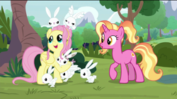 Size: 1920x1080 | Tagged: safe, edit, edited screencap, screencap, fluttershy, luster dawn, pegasus, pony, rabbit, unicorn, the last problem, animal, curious, happy, older, older fluttershy, open mouth, removed eyebag edit, smiling, surprised, tree