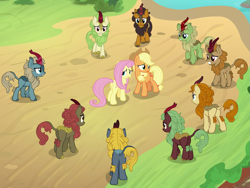 Size: 1345x1010 | Tagged: safe, screencap, applejack, autumn afternoon, cinder glow, fern flare, fluttershy, forest fall, maple brown, pumpkin smoke, sparkling brook, spring glow, summer flare, winter flame, earth pony, kirin, pegasus, pony, sounds of silence, background kirin, cropped, female, male, mare