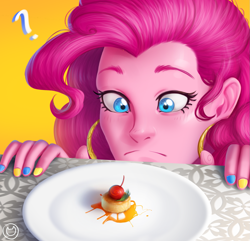 Size: 1185x1140 | Tagged: safe, artist:supermare, pinkie pie, equestria girls, spice up your life, equestria girls interpretation, female, food, nail polish, plate, question mark, scene interpretation, solo